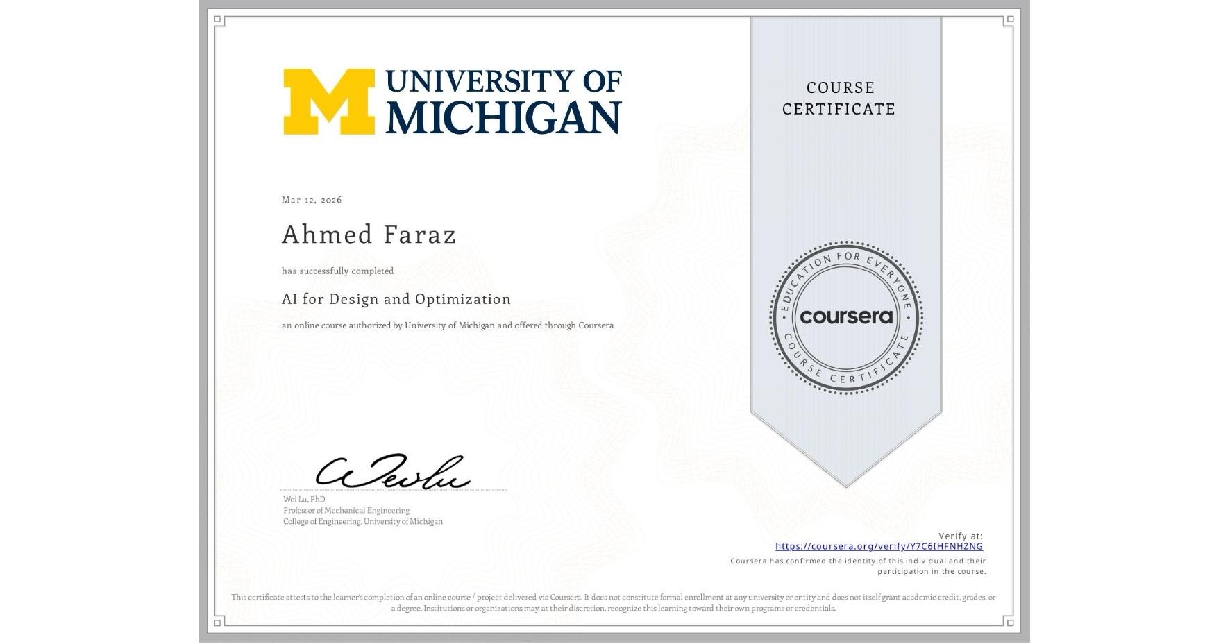 U of Michigan Certificate